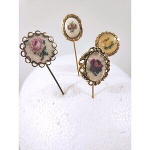 Vintage Petite Point Hat Pins Lot of Four Flower Clothing Jewelry